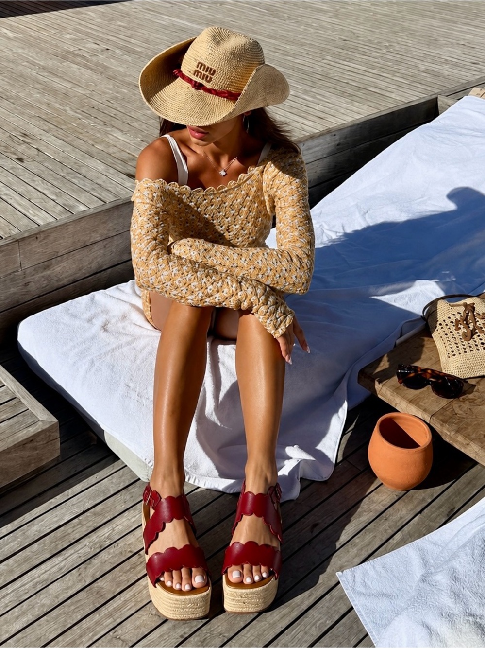 CHLOE’ Lauren Platform Espadrille Wedge Sandals Rust Scalloped Leather Heels